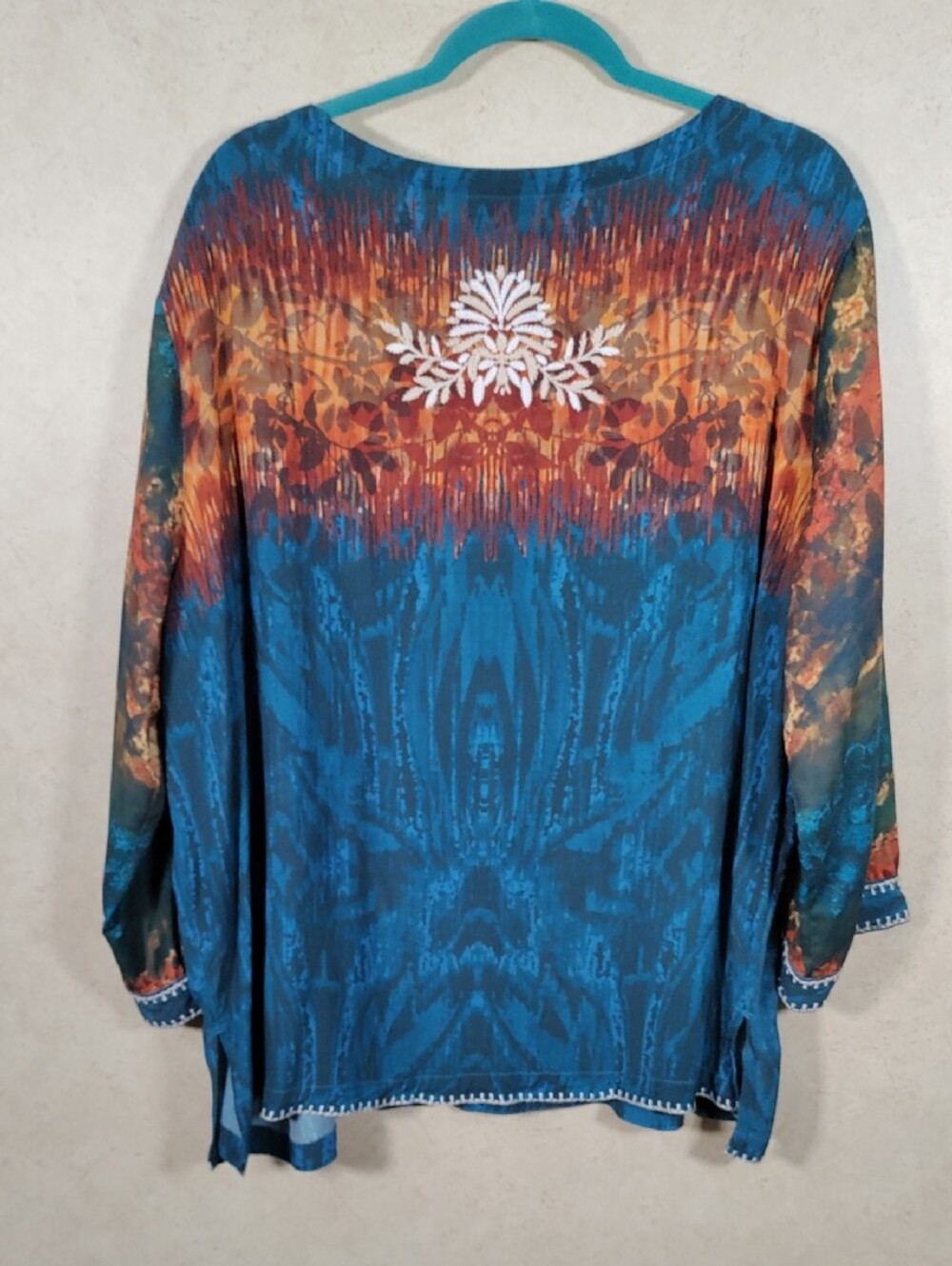 H183 John Mark Teal & Rust Floral Embroidered Tunic - Picture 9 of 11